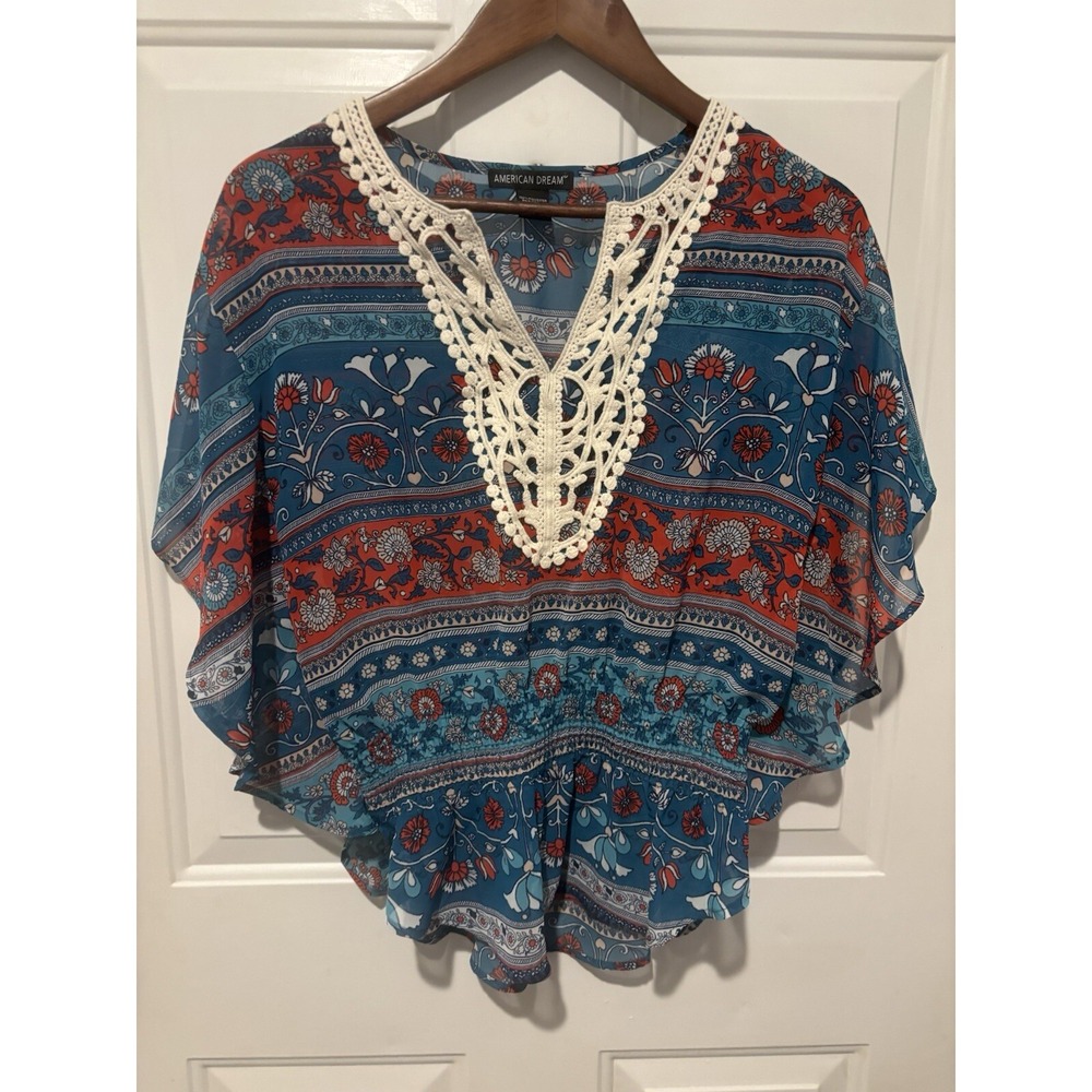 American Dream Womens Shirt Top XS Floral Paisley Boho Design Blue Red Artsy‎